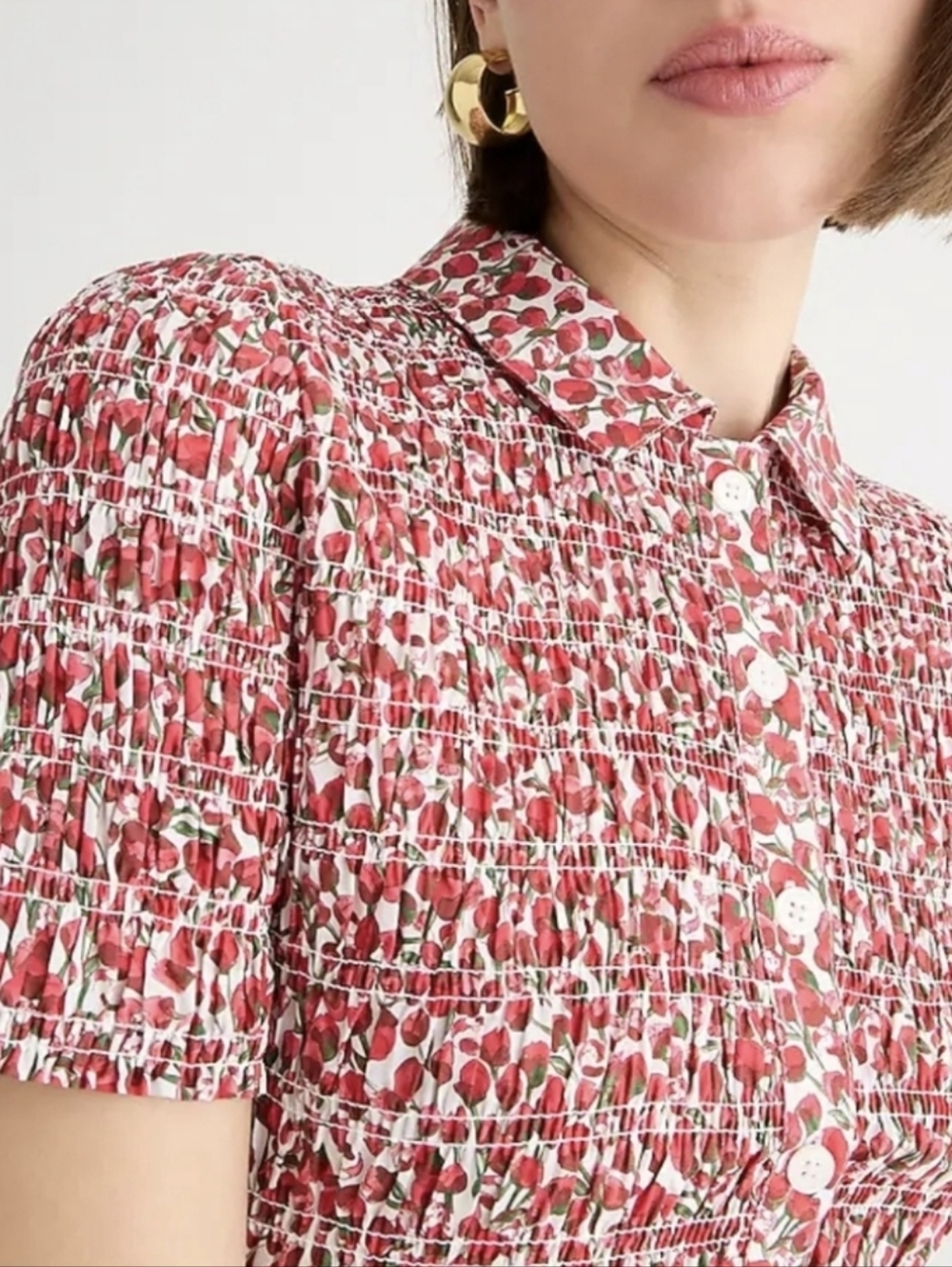 J. Crew Liberty Fabric Smocked Button-up Top Red Floral Sz XS Cottagecore Preppy - Picture 2 of 12